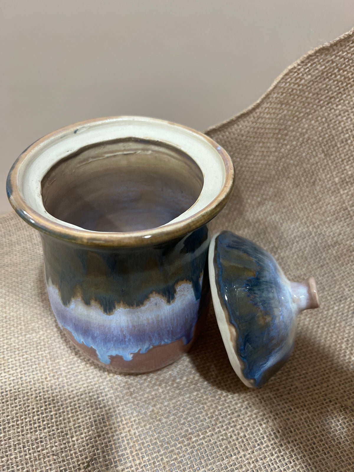 Lidded Jar muted green & blue