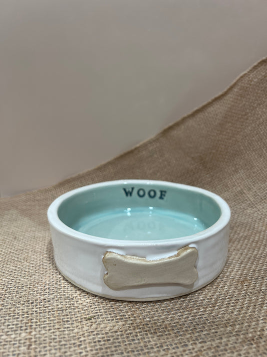 Dog Bowl Small white w/ Turquoise