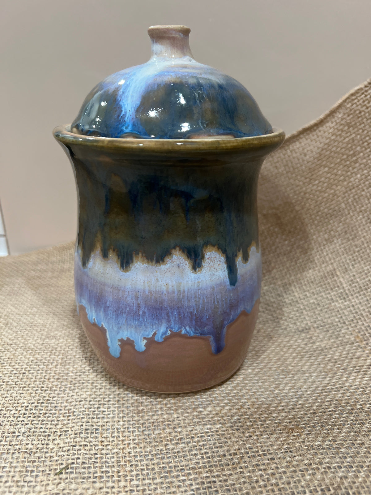 Lidded Jar muted green & blue