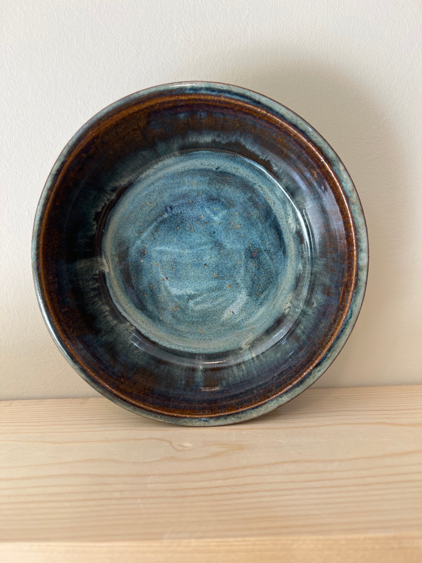 Bowl - wide shallow Brown w/ wisps of turquoise