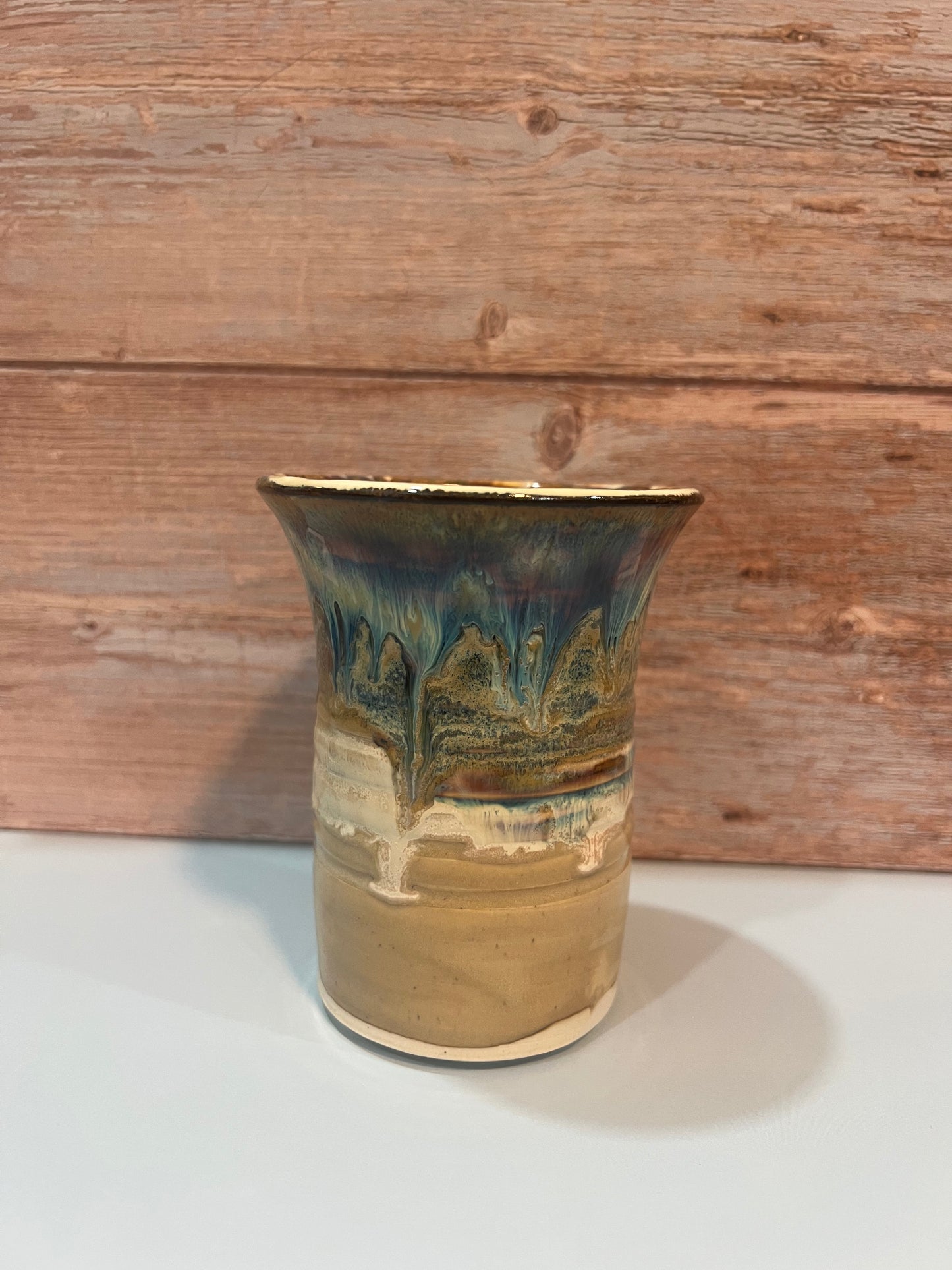 Utility Cup/Vase- Creams & browns w/ drips of blue