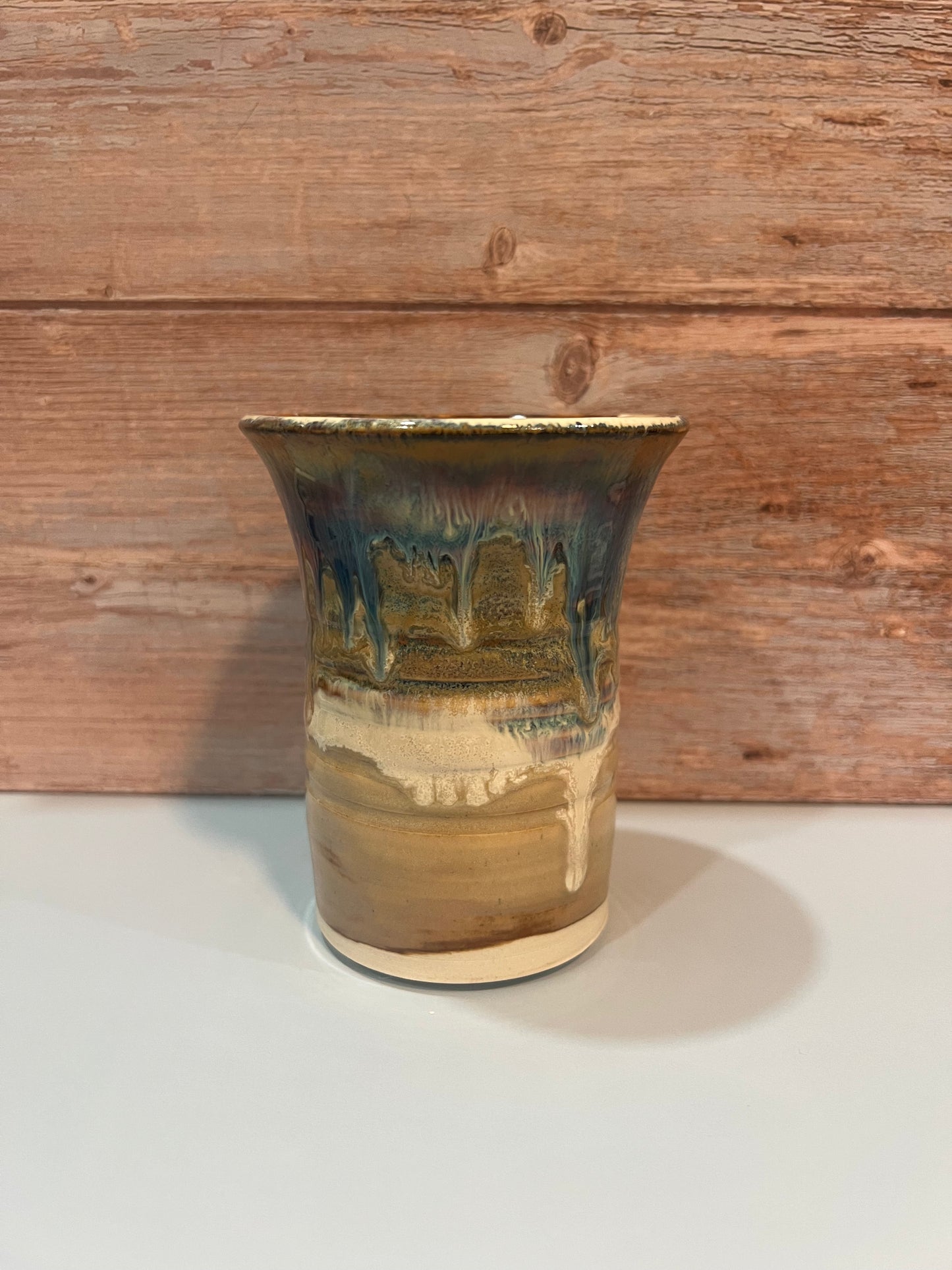 Utility Cup/Vase- Creams & browns w/ drips of blue