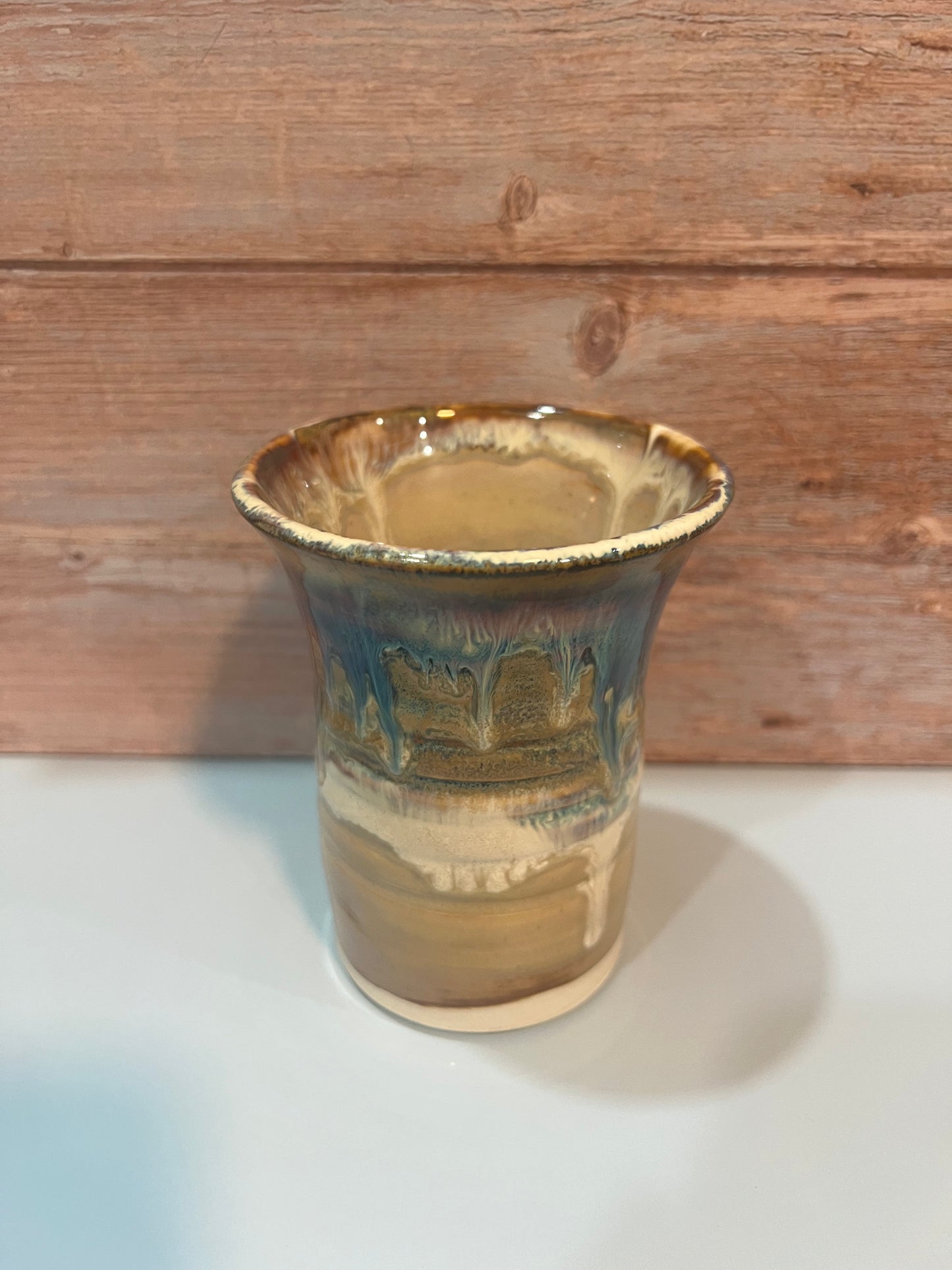 Utility Cup/Vase- Creams & browns w/ drips of blue